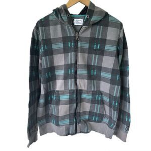 Ezekiel Men's Gray Black Fleece Lined Plaid Pockets Zip Up Hoodie Jacket L